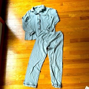 Girls Cotton Long Sleeve Button Front PJ Set with Pants in Blue Size 11-12